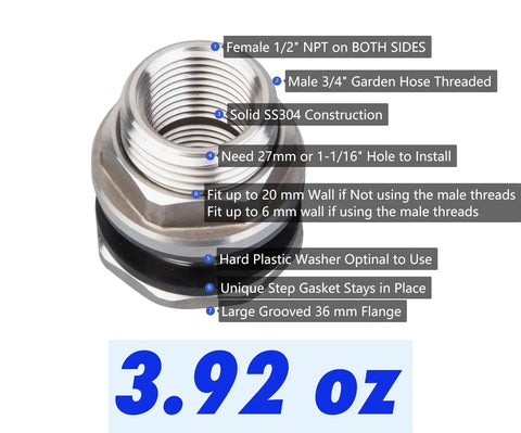 Beefy Heavy Duty Stainless Steel Bulkhead Tank Fitting 304, 1/2 Inch NPT Female On Both Ends To 3/4 Inch Garden Hose Male