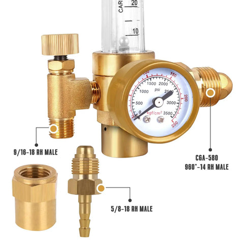 Close-up of Pro Grade Argon CO2 Gas Regulator Flow Meter With 6.8 Foot Hose For TIG And MIG Welders CGA 580 Compatible Accurate 0 To 60 CFH