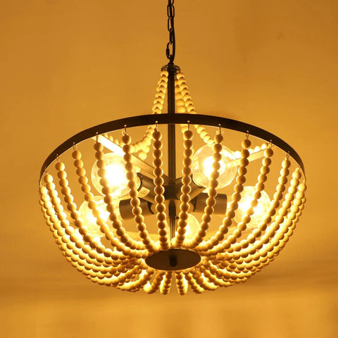 Boho Wood Bead Chandelier With Five Lights And 20 Inch Diameter, Rustic Farmhouse Ceiling Pendant glowing with warm light.