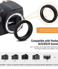 1.25 Inch T-Adapter and T Ring for Pentax K SLR DSLR, showing compatibility with various camera models and telescope setup.