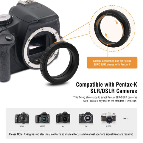 1.25 Inch T-Adapter and T Ring for Pentax K SLR DSLR, showing compatibility with various camera models and telescope setup.