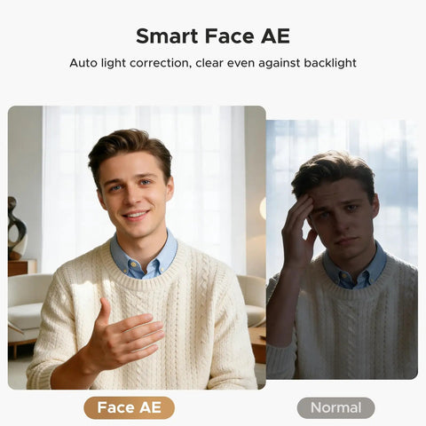 Smart Face AE comparison showing clear lighting versus backlight with Next Level 4K Webcam Works Like a Dream With Super Crisp 60 FPS Output For PCs And Macs.