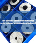 Shop Ready 12v Portable Electric Hydraulic Hose Crimping Machine With Ten Heavy Die Sets Quarter To Two Inch Range Three Hundred Ton Press For Grease Monkey Brake Line Swaps showing ten alloy dies in blue holder.