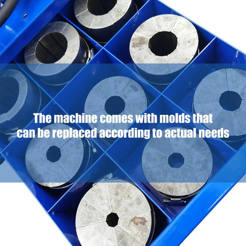 Shop Ready 12v Portable Electric Hydraulic Hose Crimping Machine With Ten Heavy Die Sets Quarter To Two Inch Range Three Hundred Ton Press For Grease Monkey Brake Line Swaps showing ten alloy dies in blue holder.