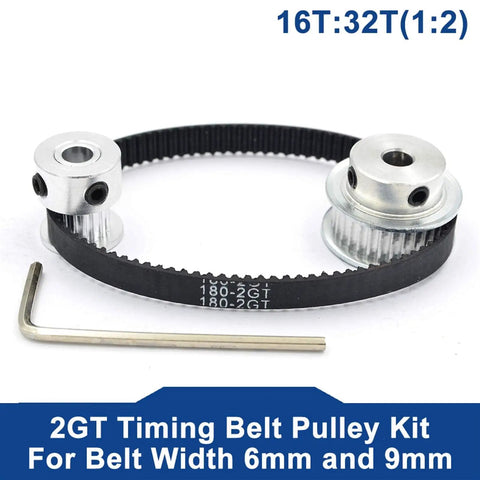 Precision Alloy 2M 2GT Timing Pulley Set With 16 And 32 Teeth For Smooth Belt Drive In 3d Printers Milling Machines And Drills Featuring Versatile 5mm 8mm Bore Sizes For Reliable Mechanical Transmission Power. 2GT pulley kit with belt and hex key