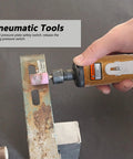 Badass Compact Pneumatic Angle Die Grinder And Knockout Air Powered Rotary Tool For Metal Shaping Fine Detail Work Hardened Steel Motor shown in use on metal surface.