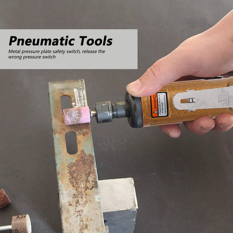 Badass Compact Pneumatic Angle Die Grinder And Knockout Air Powered Rotary Tool For Metal Shaping Fine Detail Work Hardened Steel Motor shown in use on metal surface.