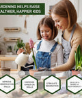 Mother and daughter gardening indoors with potted plants, enhancing skills like observation and responsibility; tagline on image.