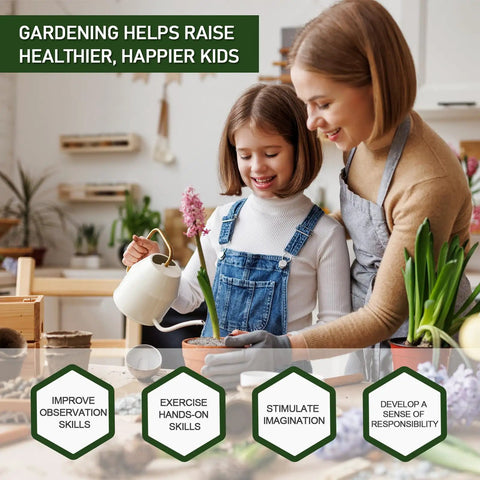 Mother and daughter gardening indoors with potted plants, enhancing skills like observation and responsibility; tagline on image.