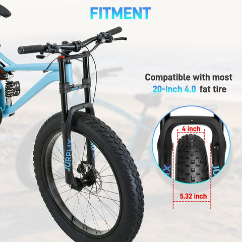 Air Suspension Fork For 20 Inch Fat Tire Mountain Snow Beach E Bike With 180mm Travel And 135mm Spacing 9mm QR Straight Tube MTB Manual Lockout Fits Most 4.0 Fat Tires installed on a bike with highlighted tire measurements.