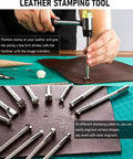 Craftsman using hammer and stamps from 85 Piece Leather Tooling Kit With Custom Storage Bag For Leather Crafting Stamping Carving Cutting.