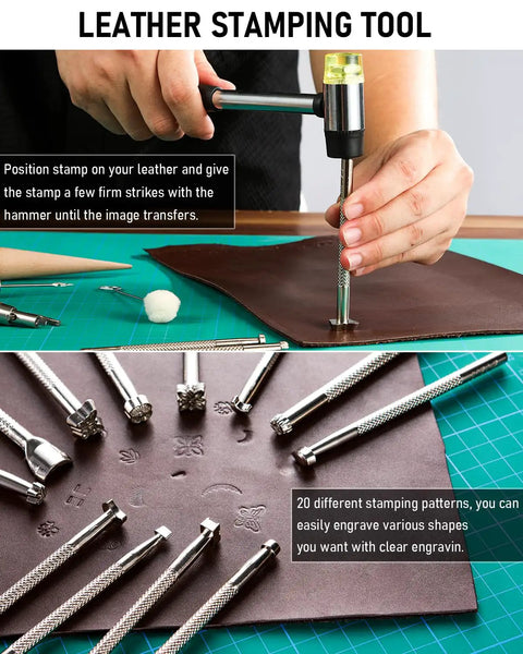 Craftsman using hammer and stamps from 85 Piece Leather Tooling Kit With Custom Storage Bag For Leather Crafting Stamping Carving Cutting.