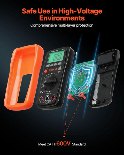 Exploded view of All In One Digital Multimeter With 4000 Count TRMS Readouts for DC and AC Voltage highlighting safety features.