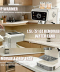 Smooth Semi Automatic Espresso Machine With 20 Bar Pressure And Built In Milk Steam Wand For Rich Crema Extraction Along With A 1.5L Removable Tank For Stress Free Daily Brewing Vibes with cup warmer and removable tank.