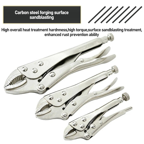 Set of locking pliers, 4 inch with curved jaw and wire cutter, pro grade chromium vanadium steel for heavy duty gripping.