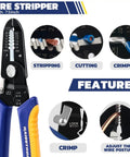 All In One Solar Crimping Tool Kit With Stripper And Spanners, 7.5-inch wire stripper showing stripping, cutting, crimping features