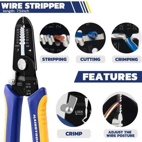 All In One Solar Crimping Tool Kit With Stripper And Spanners, 7.5-inch wire stripper showing stripping, cutting, crimping features