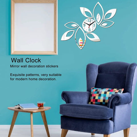 DIY Silver Mirror Leaf Wall Clock Sticker Kit With Modern Hollow Floral Design Self Adhesive Wall Decal For Living Room Bedroom Office Decor Silent Movement Easy Peel And Stick Elegant Home Accent on blue wall