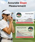 Person using Golf Range Finder With Slope, Flag Lock And 1200 Yard Range, 7X Magnification, IP54 Water Resistant, diagrams shown