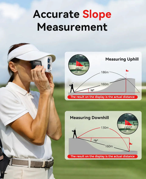 Person using Golf Range Finder With Slope, Flag Lock And 1200 Yard Range, 7X Magnification, IP54 Water Resistant, diagrams shown