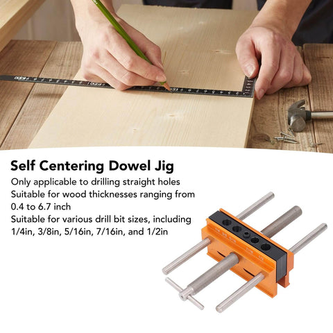 Self Centering Dowel Jig For Boss Level Hole Alignment In Woodworking, Sizes 1/4 3/8 5/16 7/16 1/2 Inch Drill Guide With 6 Bushings