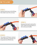 Air Line Pliers for Quick Disconnects demonstration on pneumatic hoses, illustrating steps for hose removal and release.