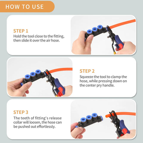 Air Line Pliers for Quick Disconnects demonstration on pneumatic hoses, illustrating steps for hose removal and release.