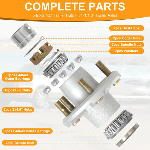 Heavy Duty 2000 Lb Galvanized Trailer Idler Hub Kit diagram showing components including bolts, bearings, and spindle