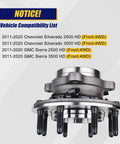 Front view of Front Wheel Bearing And Hub Assembly 515145 Compatible With 2011 2020 Chevy Silverado 2500HD 3500HD And GMC Sierra 2500HD 3500HD Front 4WD 8 Lug ABS Ready Replacement, shown against compatibility list background.