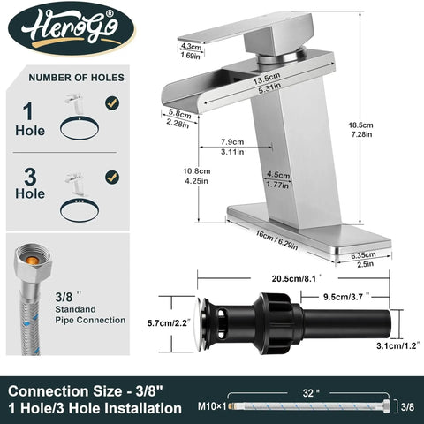 Dimensions of Waterfall Style Brushed Nickel Bathroom Faucet For Sink With One Or Three Hole Setup, Easy Install Pop Up Drain