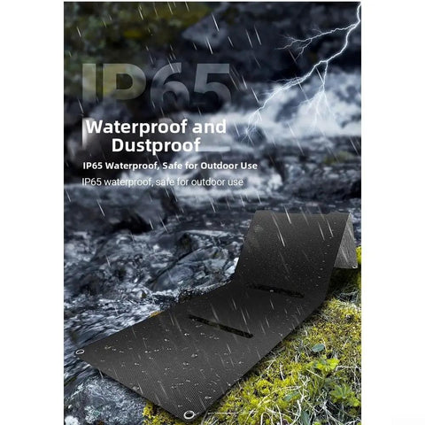 40W Foldable Solar Panel Charger with USB C and DC5521 output, IP65 waterproof, set outdoors in rain highlighting durability