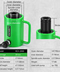 20 Ton Hydraulic Hollow Jack With 2 Inch Stroke Center Through-Hole Design shown with dimensions and features