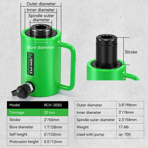 20 Ton Hydraulic Hollow Jack With 2 Inch Stroke Center Through-Hole Design shown with dimensions and features