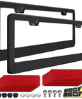Two Pack Black Aluminum License Plate Frames For Cars, Universal Metal Tag Frame With Reflective Stickers And Screws