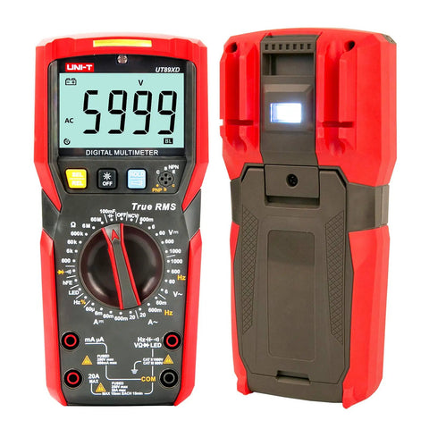 True RMS 6000 Count Digital Multimeter With 1000V AC DC 20A AC DC Range NCV Live Wire Detection showing LED display and back view