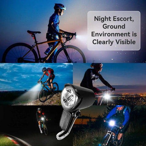 Collection of images showing Ultra Bright Led Bike Front Light For Night Riding 12 Volt To 60 Volt Compatible Waterproof in use