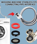 Stainless steel washing machine hose with threaded connectors, filter screen and gasket kit; red and black rubber rings included.