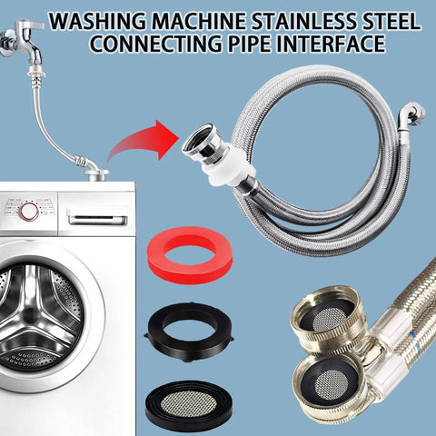 Stainless steel washing machine hose with threaded connectors, filter screen and gasket kit; red and black rubber rings included.