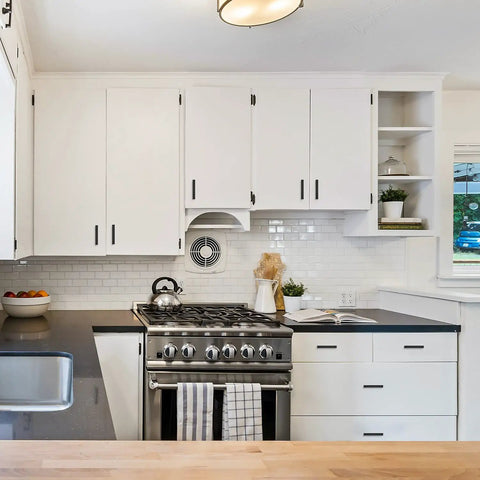 Modern kitchen with 15 Pack Black Cabinet Pulls 4 Inch Square Kitchen Cabinet Handles Matte Black Hardware For Drawer Pulls.