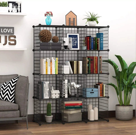 Wire Cube Storage Organizer For Home And Office, 12 Cube Metal Grid Shelving System, showcased in modern living room.