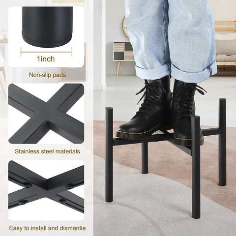 Person standing on Sturdy Stainless Fire Pit Stand 15 To 27 Inches for Most Outdoor Fire Pits and Camping Stoves, showing durability.