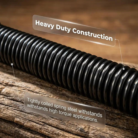 Close-up of heavy-duty coiled spring steel, part of Electric Wrench Sleeve Universal Extension Rod With Flexible Shaft And 360 Degree Flex Reach For Tight Spaces Automotive And DIY Projects Socket Locking System Keeps Sockets Secure, on wood.