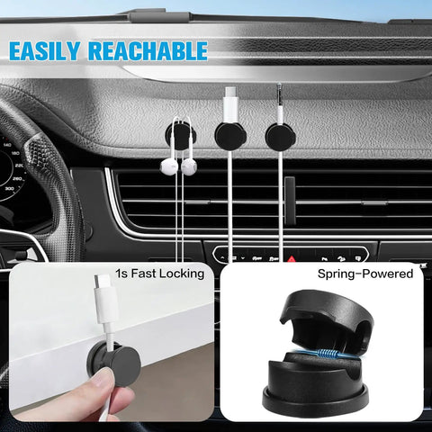Image of Six Piece Cord Organizer Set with 360 Degree Rotating Cable Clips and Strong Adhesive used in a car interior.