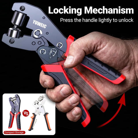 DIY Friendly Grommet Kit With Case Pro Grade Hole Punch Set showing self-locking eyelet plier in hand