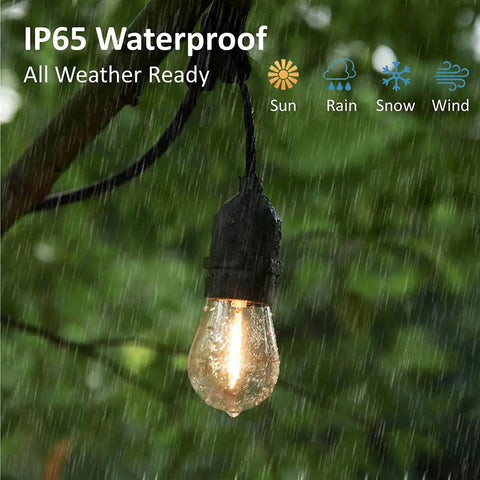 Wet outdoor bulb hanging, representing 15 Pack Shatterproof S14 LED Bulbs 1W Warm White 2200K For Outdoor String Lights E26 Base Edison Plastic Bulbs UL Listed