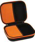 Open orange hard carrying case with mesh pockets, designed for Black Decker 4V Max Cordless Screwdriver BDCSFL20C, showing EVA interior.