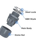 Exploded view of Kickass Built Tough 1/2 Inch Straight Conduit Connectors Grey Nylon 6 Fittings showing steel locknut, washers, and dome nut.