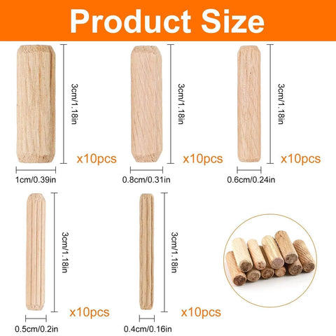 Assorted Wood Dowels Set, Fifty Pcs, Hardwood Dowels In Three Sixteenth Inch, Quarter Inch, Five Sixteenth Inch, Three Eighth Inch