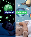 Glow In The Dark Space Wall Stickers Stars And Planets Set For Kids Room Ceiling Decals showing day and night effect over sleeping child.
