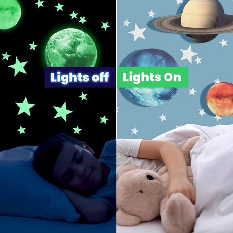 Glow In The Dark Space Wall Stickers Stars And Planets Set For Kids Room Ceiling Decals showing day and night effect over sleeping child.